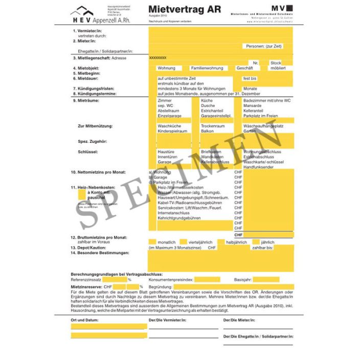 Mietvertrag für Wohn- oder Geschäftsräume inkl. Allgemeine Vertragsbestimmungen (Kanton Appenzell-Ausserrhoden) online