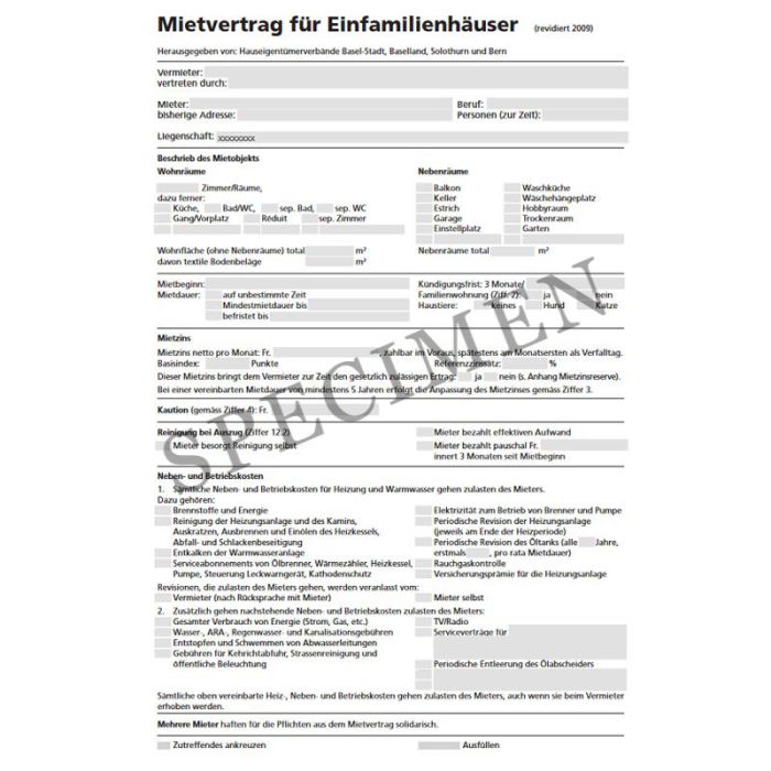 Mietvertrag für Einfamilienhäuser (Kanton Basel-Stadt) online