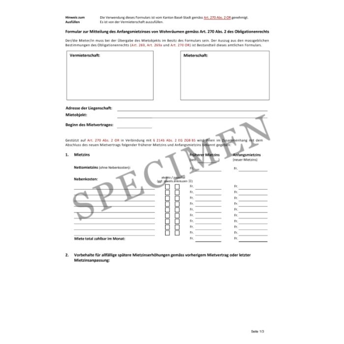 Formular zur Mitteilung des Anfangsmietzinses von Wohnräumen (Basel-Stadt)