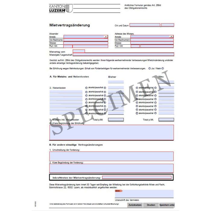 Amtliches Formular für die Mietvertragsänderung (Kanton Luzern)