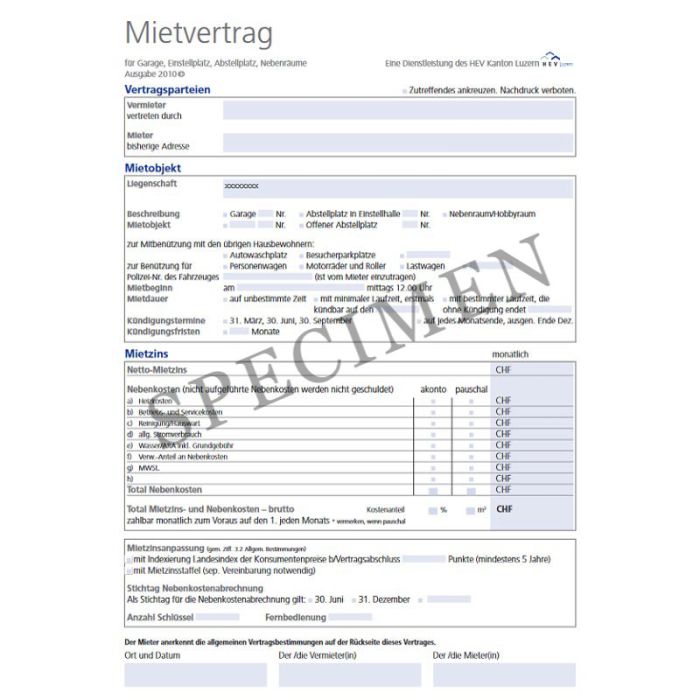 Mietvertrag für Garagen (Kanton Luzern) online