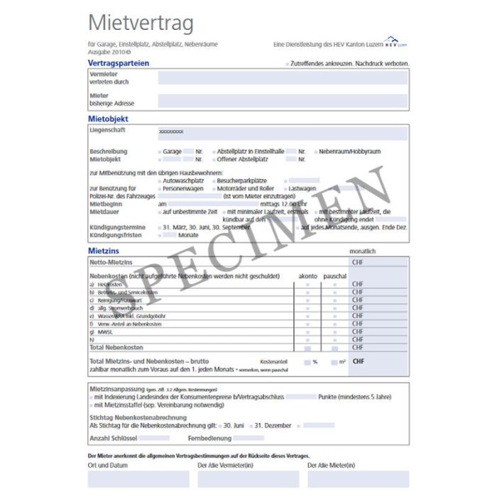 Mietvertrag für Garagen, Einstell-, Abstellplatz und Nebenräume (Kanton Nidwalden) online