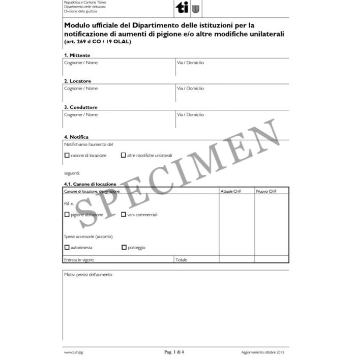 Amtliches Formular zur Mietzinsänderung (Kanton Tessin)