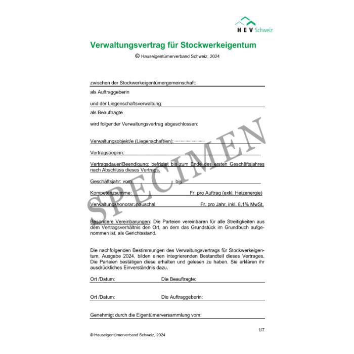 Verwaltungsvertrag für Stockwerkeigentum