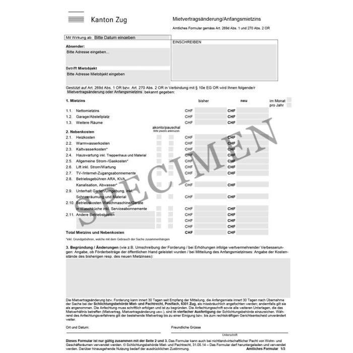 Amtliches Formular für die Mietvertragsänderung & Anfangsmietzins (Kanton Zug)